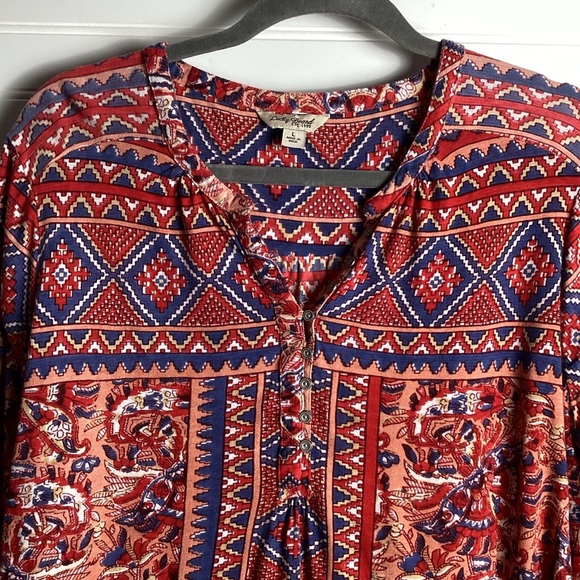 LUCKY BRAND Top Womens L Peasant Blouse Popover Long Sleeve Cotton Linen Red - Picture 2 of 7
